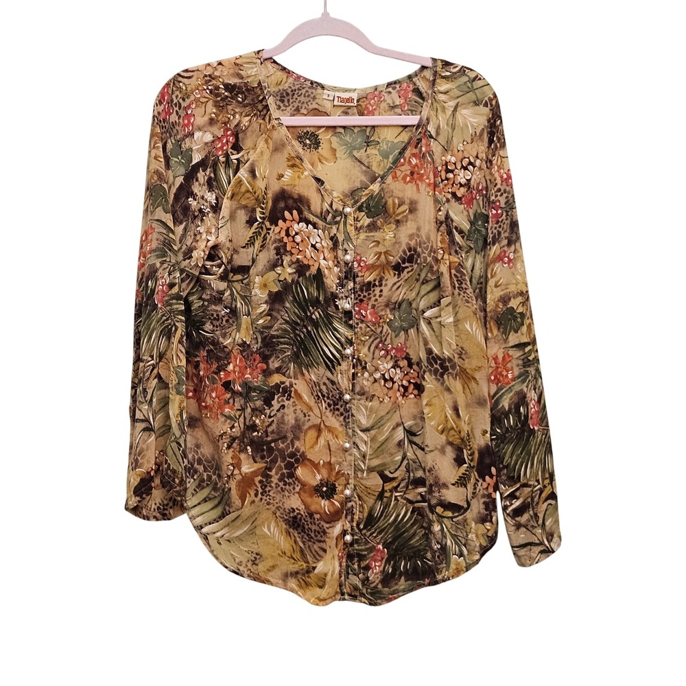 Tianello Blouse Womens Small Tan Floral Tropical‎ Animal Print Pearl Button Boho